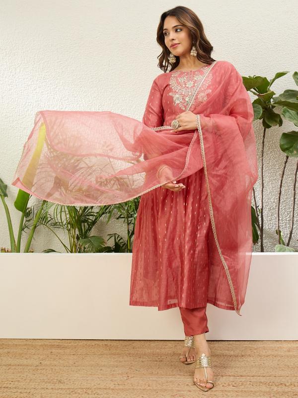 VP 9862 P Women’s Chanderi A Line Kurta Pent Dupatta Sets with Embroidery Work | 3pcs Ethnic Set
